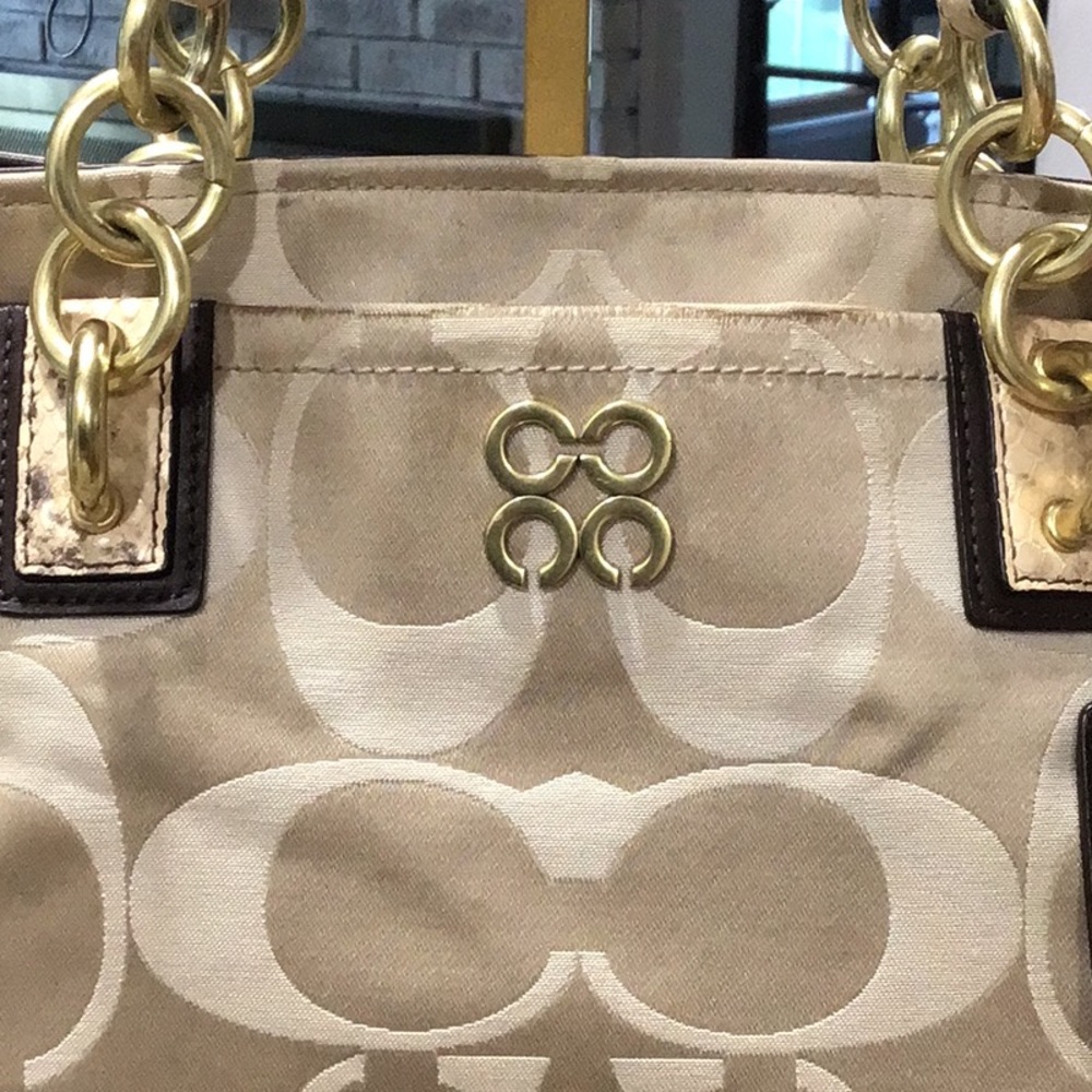 Coach Collette Signature Sateen Satchel Handbag Faux Snakeskin - Picture 12 of 16